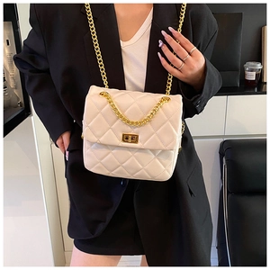 Detail shot of beige quilted crossbody bag with gold chain strap on a black blazer