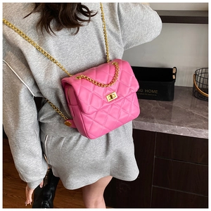 Pink quilted crossbody bag with gold chain strap shown being worn on the shoulder