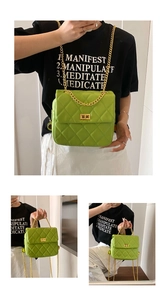 Detailed view of green quilted bag showing gold metal chain and turn-lock closure