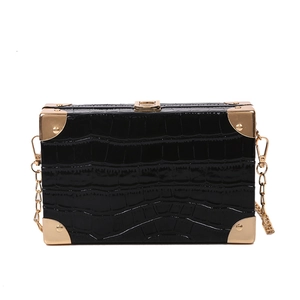 Retro black crocodile pattern box bag with gold metal hardware and chain strap