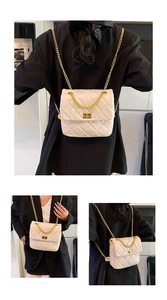 Detail of white quilted chain bag featuring gold twist lock and metallic strap texture