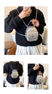 Silver quilted mini backpack detail showing crossbody, handheld and shoulder styles