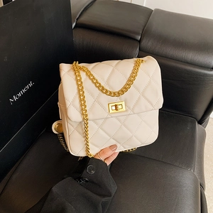 Women Quilted Rhombic PU Leather Crossbody Bag Fashion Metal Chain Strap Small Square Bag With Twist Lock Closure