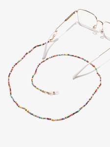 Detail of colorful beaded glasses chain with gold lobster clasp and silicone loop holders