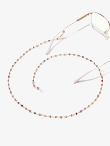 Detailed view of colorful rhinestones on a gold chain with silicone non-slip eyewear loops