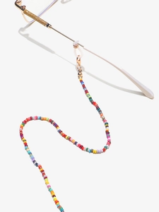 Detail of multi-colored beaded glasses chain with metal lobster clasps and silicone loops
