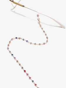 Detail of handmade eyewear chain with colorful crystals and rose gold lobster clasps