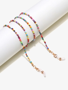 Detail of colorful beaded eyewear chain with golden lobster clasps and silicone loops