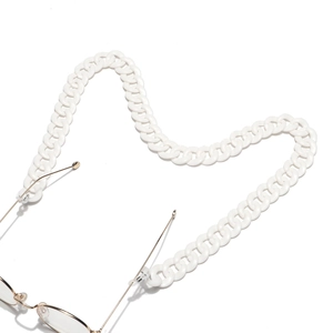 Detail of white acrylic chain links and anti-slip rubber loops for glasses cord