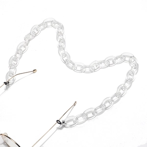 Close-up of transparent acrylic chain links and black anti-slip silicone loops on eyeglass cord