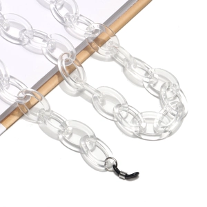 Close-up of clear acrylic glasses chain with black silicone loops and silver metal clasps