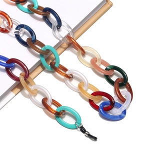 Macro view of colorful acrylic glasses chain with multi-color interlocking resin links