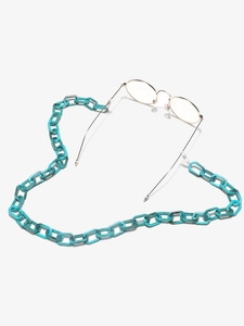 Detail of turquoise resin acrylic eyeglass chain with large rectangular links and non-slip loops