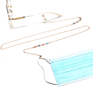 Handmade gold eyewear chain with multi-colored evil eye beads and lobster clasps