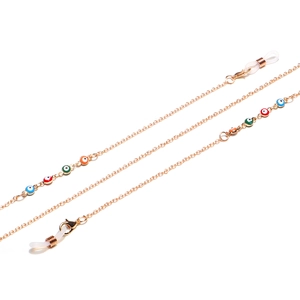 Handmade golden eyewear chain with colorful evil eye beads and non-slip rubber ends