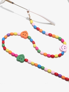 Colorful handmade wooden bead eyewear chain for kids with smiling heart charms