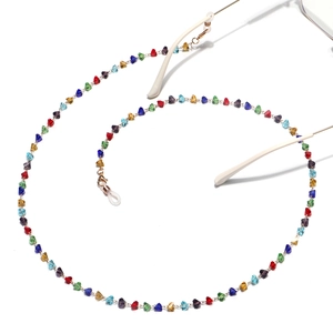 Handmade gold eyewear chain with multi-colored triangle crystal beads and silicone loops
