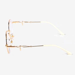 Stylish gold metal anti-blue light glasses with geometric twisted temples on white background