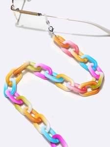 Close-up of colorful acrylic eyeglass chain showing translucent links and secure silicone loops