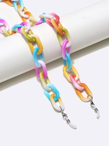 Detail of colorful resin eyewear chain with matte gradient links and non-slip rubber loops