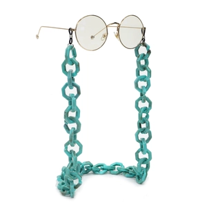 Retro marble teal acrylic eyewear chain with chunky hexagonal links and rubber loops