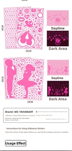 Luminous Valentine heart wall stickers showing day and night glowing effects on surfaces