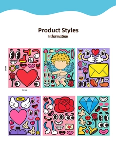 Detail showing 6 vintage cartoon Valentine heart sticker designs in 17x14cm size