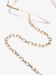 Detailed view of glossy gold aluminum eyeglass chain with secure metal lobster clasp