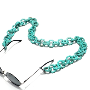 Blue acrylic hexagon chain for glasses with anti-slip rubber loops and marble texture