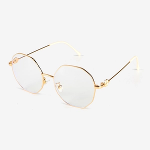 Stylish gold metal polygonal blue light blocking glasses with clover hinge detail