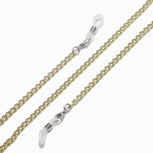 Detail of gold metal glasses chain featuring silicone loops and lobster clasps on white base