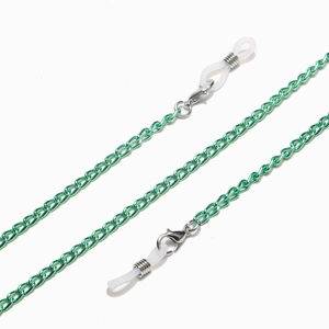 Detail view of green metal eyeglass chain with silver lobster clasps and silicone loops