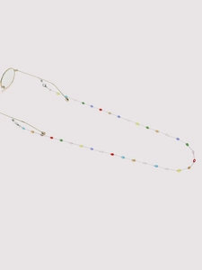 Detail of silver chain with colorful oval crystals and anti-slip silicone loops