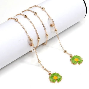 Catenella Occhiali Perle Metallo Dorato Con Ciondolo Margherita Smalto Verde Cordino Occhiali Antiscivolo Da Donna Stile Floreale