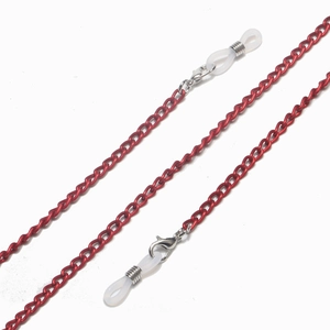 Detailed view of red metal glasses chain with silver lobster clasps and silicone loops