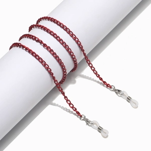 Detail of red metal glasses chain with silver lobster clasps and silicone loops