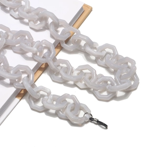 Detail of grey acrylic eyeglass chain with hexagonal links and non-slip rubber loops