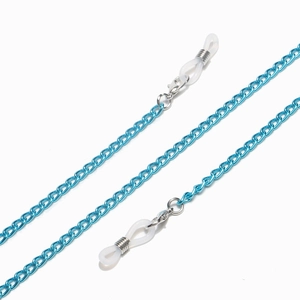 Detail of bright blue metal eyewear chain with silver lobster clasps and silicone loops