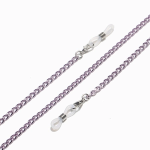 Detail of light purple metal chain with silver lobster clasps and clear silicone loops