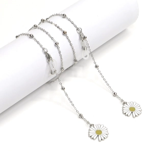 Silver metal glasses chain featuring white daisy charms and lobster clasps for eyewear