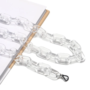 Détail de la chaîne de lunettes en acrylique transparent avec anneaux métalliques et boucles