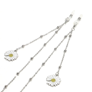 Fashion Simple Silver Metal Beaded Glasses Chain With Enamel Daisy Pendant For Women Non Slip Sunglasses Lanyard
