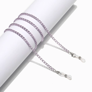 Detail of purple metallic eyeglass chain with lobster clasps and silicone loops