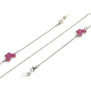 Silver metal eyewear chain with pink glitter butterfly pendants and lobster clasps