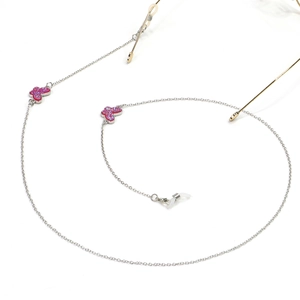 Silver chain eyewear strap with pink glitter butterflies and secure silicone loops