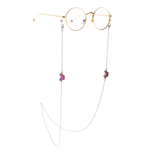 Silver eyeglasses chain with pink butterfly pendants and anti-slip rubber loops
