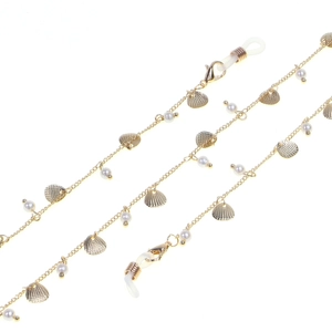 Fashion gold eyewear chain with shell charms and pearls on a clean white background