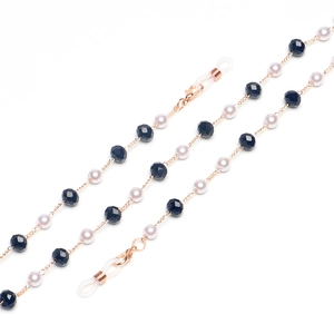 Chaîne de lunettes dorée avec perles blanches de 8mm et perles noires facettées chic