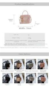 Größentabelle mit Abmessungen der rosa PU-Beuteltasche und vier Farbvarianten