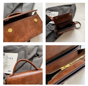Detailed views of brown PU leather handbag featuring metallic hardware and stitching